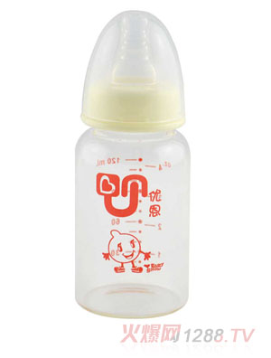 優(yōu)恩黃色標(biāo)口晶鉆直身玻璃奶瓶120ml