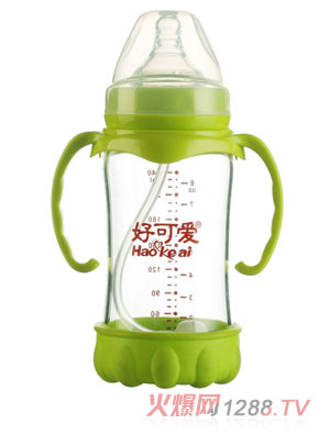 好可愛寬口自動吸管手柄弧形晶鉆玻璃奶瓶240ML