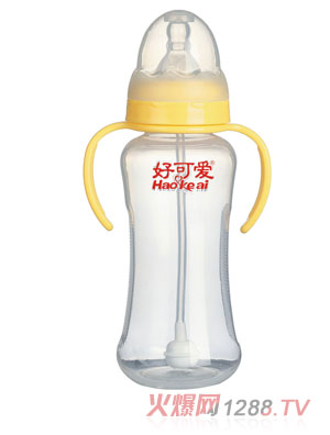 好可愛標(biāo)口自動吸管手柄弧形奶瓶300ml